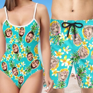 Custom Face Swimsuit & Trunks: Personalized Couple Swimwear