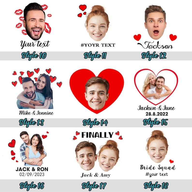 Pu&ograve; includere: Un collage di 8 diversi stili di modelli di foto per una foto di coppia. I modelli presentano cuori, testo e diversi layout per le foto. Il testo include "Your text", "#YOYR TEXT", "Tackson", "Mike & Jennine", "Jackson & June 28.8.2022", "JACK & RON 02/09/2023", "FINALLY", "Jack & Amy", "Bride Squad #your text".