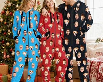 Custom Family Zipper One-Piece Pajamas, Personalized Picture Hooded Pajama Set, Christmas Sleepwear