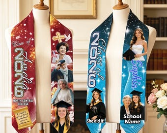 Personalized Photo Graduation Stole, Custom Name Sash, In Loving Memory Grad Stoles