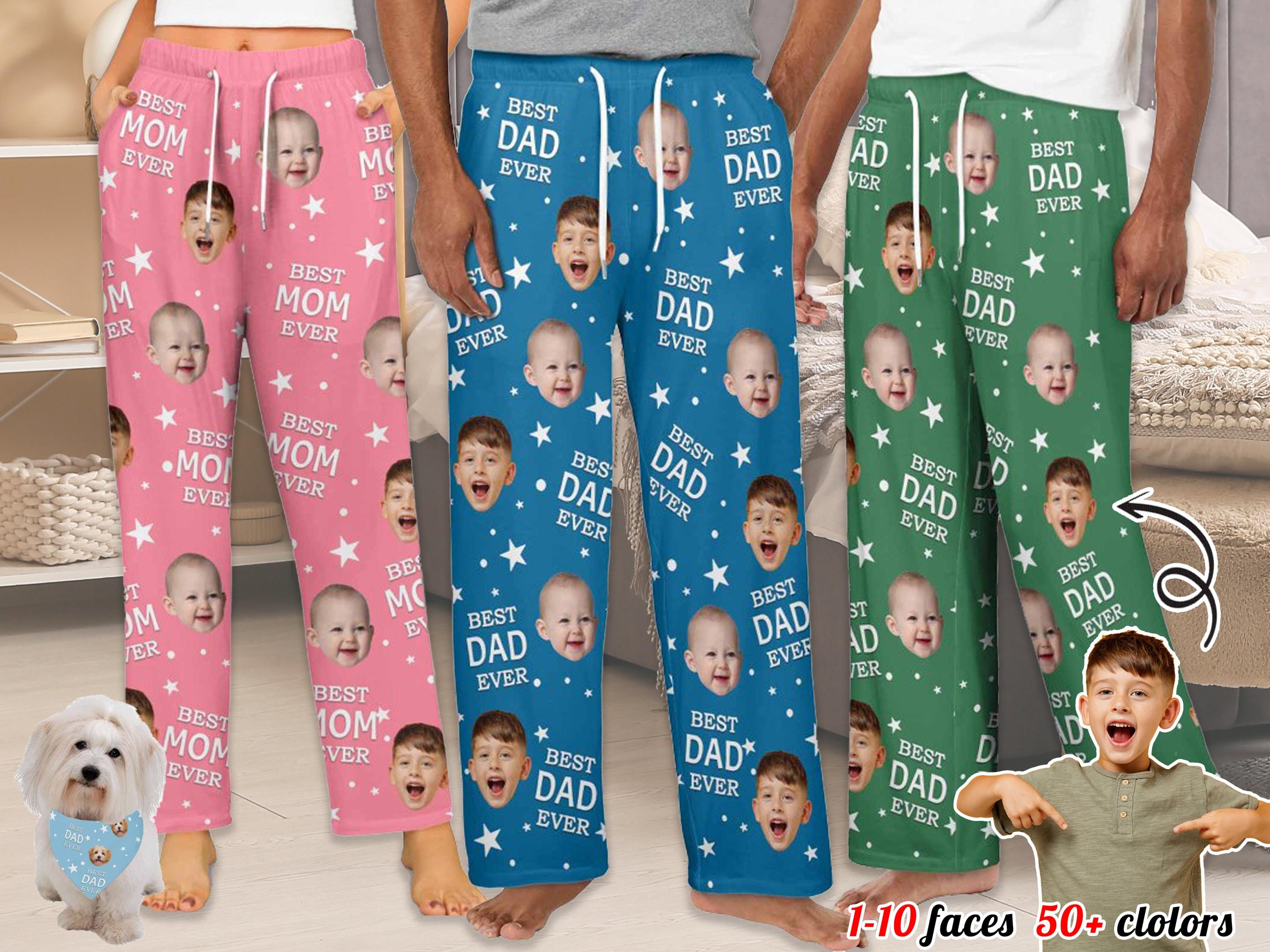 Custom BEST DAD EVER Pajamas with Face, Personalized Dog Cat Faces Pajamas Pants, Custom Pajamas Trousers, Couple Pajamas, Father's Day Gift