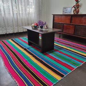 Hand Woven Peruvian striped colorful blanket/ Frazada/ Carpet/ Rug/ Handmade with sheep wool
