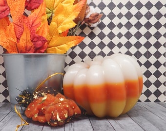 Fall Candy Corn Striped Pumpkin Candle - Thanksgiving Decor - Holidays - Candles - For The Home - Halloween