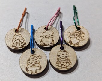 Wood Gnome Stitch Markers, Knit & Crochet Tools, Set of 5