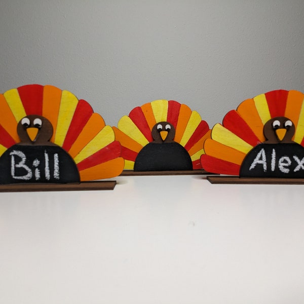 Wood Thanksgiving place cards, reusable turkey name tags, table decor placeholders, erasable labels for place setting name, host gift