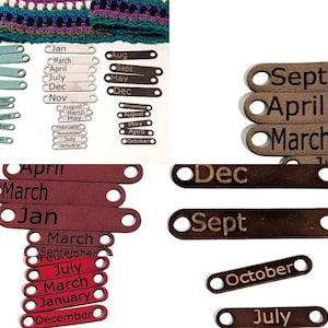 Months of the year tags for temperature blanket projects, leatherette engraved tags for organization, crochet and knitting accessories