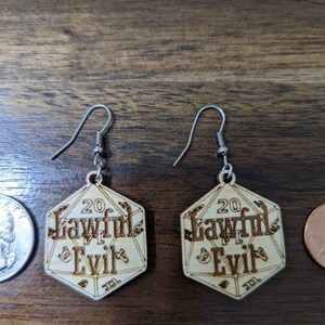 dice earrings, lawful evil, d20, dangle earrings, gamer gifts, lightweight earrings, wood earrings, d20 earrings, dnd dice,