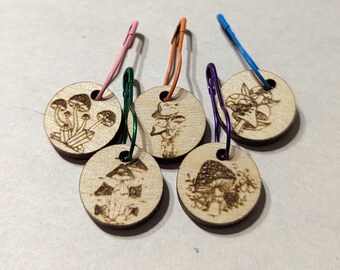 Wood Mushroom Stitch Markers, Knitting Crochet Craft Tools, Set of 5