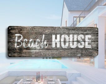 Beach House Sign Metal Tin Sign Coastal Wall Decor Rustic Farmhouse Wall Decor Lake House Decor Entryway Sign Neutral Home Decor gift