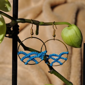 May include: A pair of gold hoop earrings with blue macrame detailing. The earrings are hanging from a plant stem.