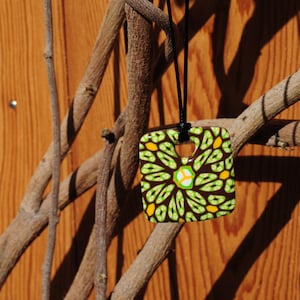 Square pendant in fimo paste, unique and original floral pattern