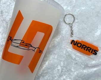 Bicchiere e portachiavi per tazza fredda di caffè freddo Lando Norris ispirati alla Formula 1