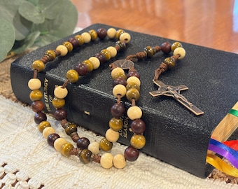 Brown Rosary with Bronze Crucifix and Saint Benedict Medal Center Piece | Catholic Prayer | Devotional Threads