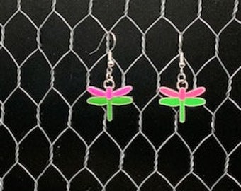 Pink and Green Dragonfly Charm Earrings