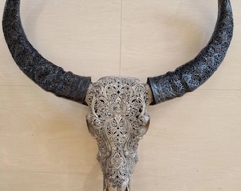 Hand-Carved Buffalo Skull Wall Art – Boho Rustic Decor, Gothic Statement Piece, Tribal Bone Sculpture