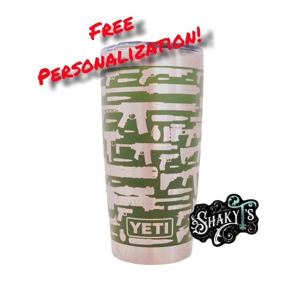 20oz - 360 Gun pattern laser engraved on 20oz Yeti tumbler with magslide lid. These are NOT sticker’s or vinyl decals!