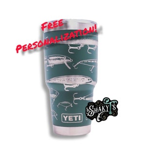 Fishing lure design laser engraved on an 30oz Yeti tumbler with magslide lid. These are NOT sticker’s or vinyl decals!