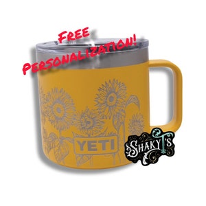 14 oz - Diseño de girasol 2.0 grabado con láser en una taza Yeti, con tapa magnética.