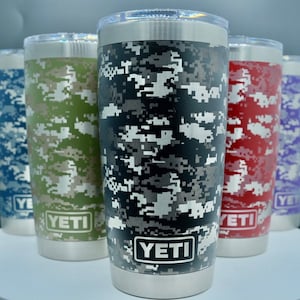 360 Digital Camo laser engraved on a 20oz Yeti tumbler with magslide lid. Dishwasher safe.... These are NOT sticker’s or vinyl decals!