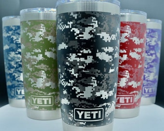 360 Digital Camo laser engraved on a 20oz Yeti tumbler with magslide lid. Dishwasher safe.... These are NOT sticker’s or vinyl decals!