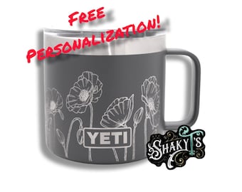 14oz - 270 Poppy design laser engraved on a Yeti mug, multiple colors available.