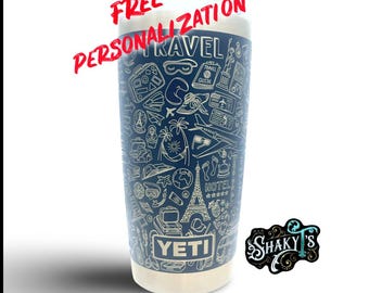20 oz - Diseño World Travel 360 grabado con láser en un vaso Yeti, con tapa magnética.
