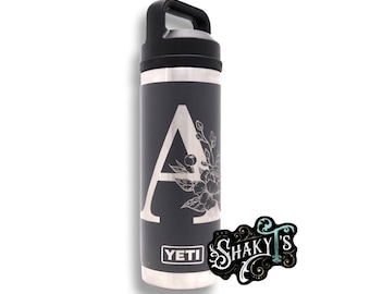 18oz - Floral monogram laser engraved on a Yeti rambler with chug cap or matching straw lid. Multiple colors available…