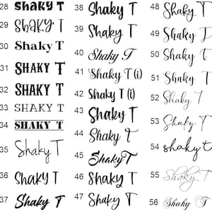 May include: A digital image of a grid of 28 different variations of the text "Shaky T" in black font. The text is written in different styles, including cursive, bold, and block letters.