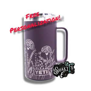 24 oz - 270 Diseño de clavel grabado con láser en una taza Yeti con tapa deslizante.