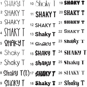 以下が含まれることがあります： 黒と白の「Shaky T」というテキストの27種類のバリエーションが書かれたグラフィックデザインシート。テキストはさまざまなフォントとスタイルで書かれています。