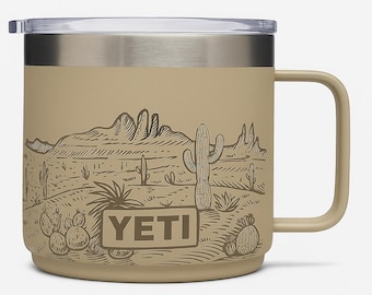 Taza YETI de 14 oz con tapa magnética - Diseño "Desierto" grabado a láser / Varios colores disponibles / Personalización gratuita
