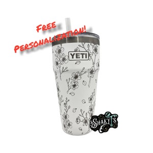 26oz - 360 Cherry Blossoms design laser engraved on a Yeti Stackable tumbler, with straw lid.