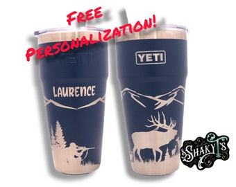 26oz - 360 Elk Hunting design laser engraved on a Yeti Stackable tumbler, with straw lid.