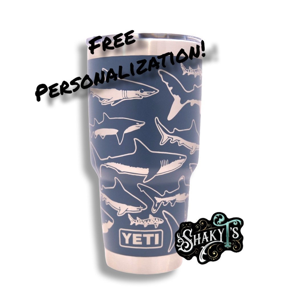 30oz - 360 shark pattern Laser engraved on Yeti tumbler with magslide lid. These are NOT sticker’s or vinyl decals!