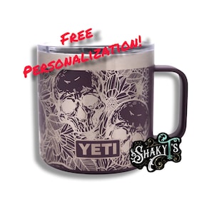 14oz - Floral Skull design laser engraved on a Yeti mug, with magslide lid.