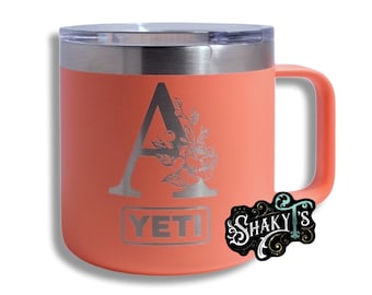 14oz - Floral monogram laser engraved on a Yeti mug, with magslide lid