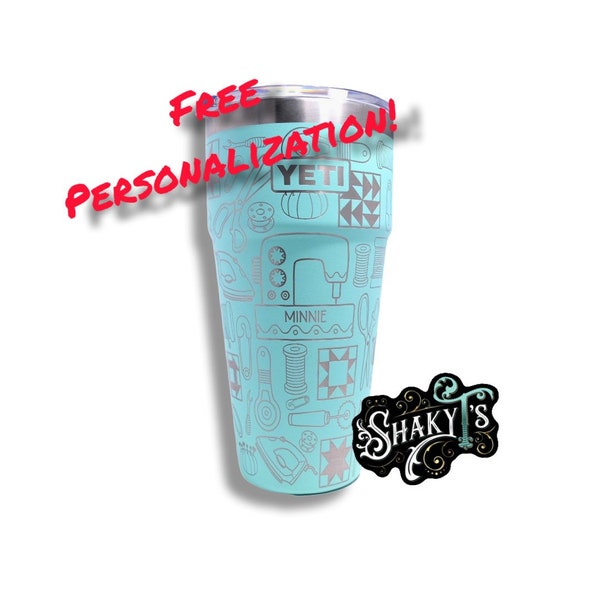 26oz - 360 Sewing/Quilting design laser engraved on a Yeti Stackable tumbler, with straw lid.