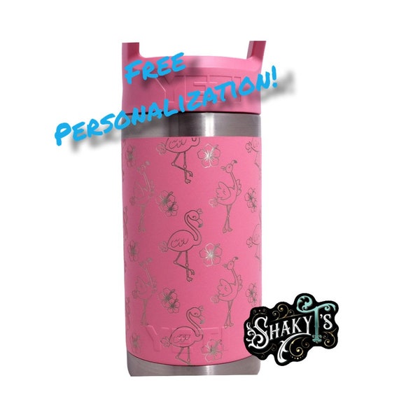 12oz Jr. - Kids 360 Flamingo design laser engraved on YETI Jr. Rambler with flip straw lid.