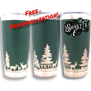 20oz - 360 White Tail Deer in Pine tree forest laser engraved on Yeti Tumbler, with magslide lid.