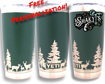 20oz - 360 White Tail Deer in Pine tree forest laser engraved on Yeti Tumbler, with magslide lid.