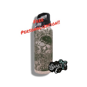 26oz - 360 Skull Flower design laser engraved on a Yeti bottle/rambler with chug cap or matching straw lid.
