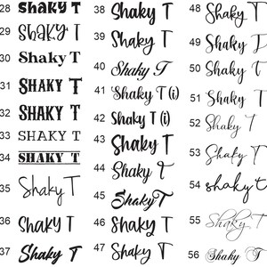 May include: A digital image of a grid of 28 different variations of the text "Shaky T" in black font. The text is written in different styles, including cursive, bold, and block letters.