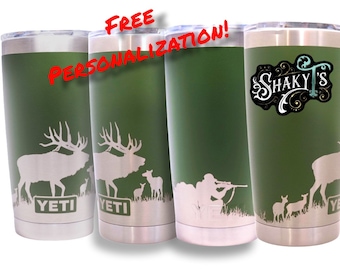 20oz - 360 elk hunt design laser engraved on a Yeti tumbler. Dishwasher safe.... These are NOT sticker’s or vinyl decals!