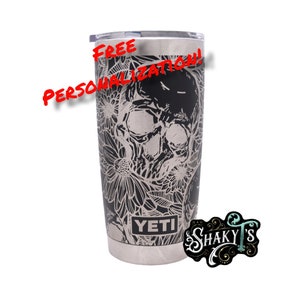 20oz - 360 skull and flower design laser engraved on a Yeti tumbler, with mag lid. These are NOT sticker’s or vinyl decals!