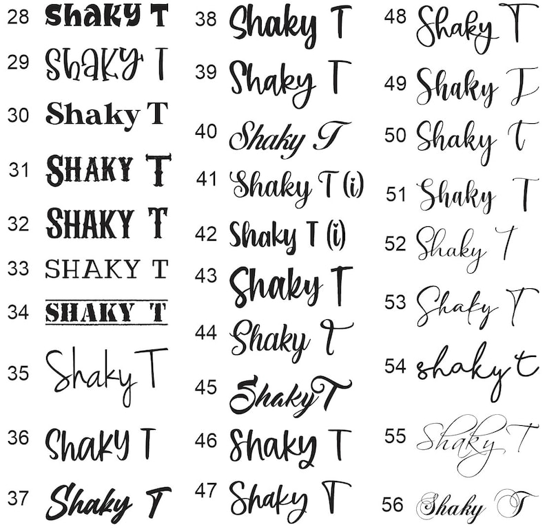 以下が含まれることがあります： 黒いフォントで「Shaky T」というテキストの28種類のバリエーションのグリッドのデジタル画像。テキストは、筆記体、太字、ブロック文字など、さまざまなスタイルで書かれています。