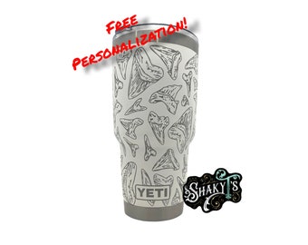 30oz - 360 Shark teeth design Laser engraved on a Yeti tumbler with magslide lid.