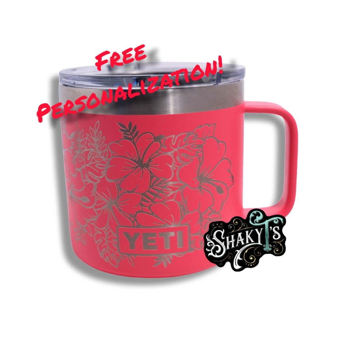 14oz Hibiscus Design Laser Engraved on a Yeti Mug, With Magslide