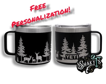 14oz - 270 Mule Deer in pine tree wrap laser engraved on a Yeti mug, with magslide lid. Multiple colors available…