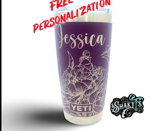 20 oz - Diseño Peony 360 grabado con láser en un vaso Yeti con tapa magnética.
