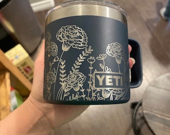 14oz - Carnation Wrap laser engraved on a Yeti mug, with magslide lid.